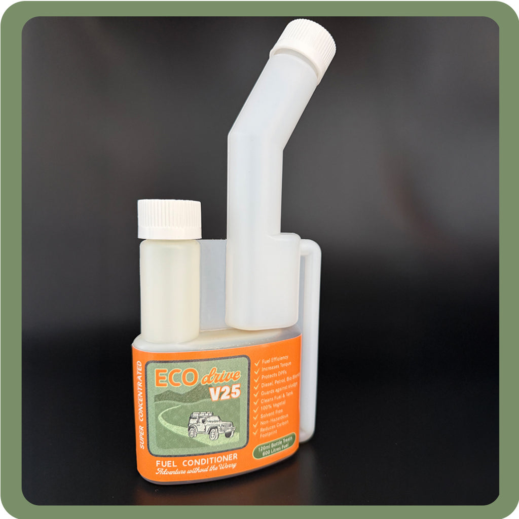 Fuel additive bottle EcoDrive V25 white bottle with retro design label