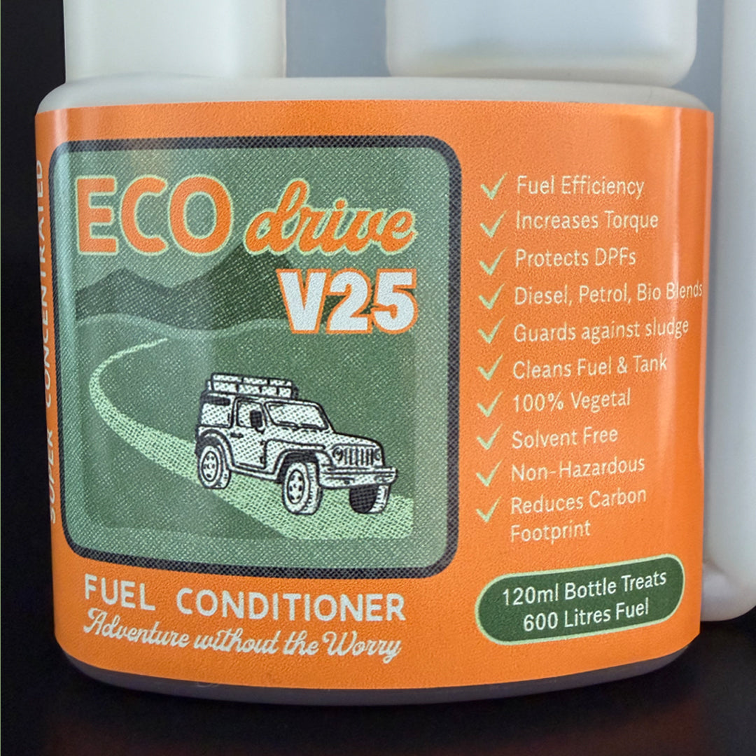 Fuel conditioner bottle labeled 'ECO drive V25' with an illustration of a vehicle on an orange label.